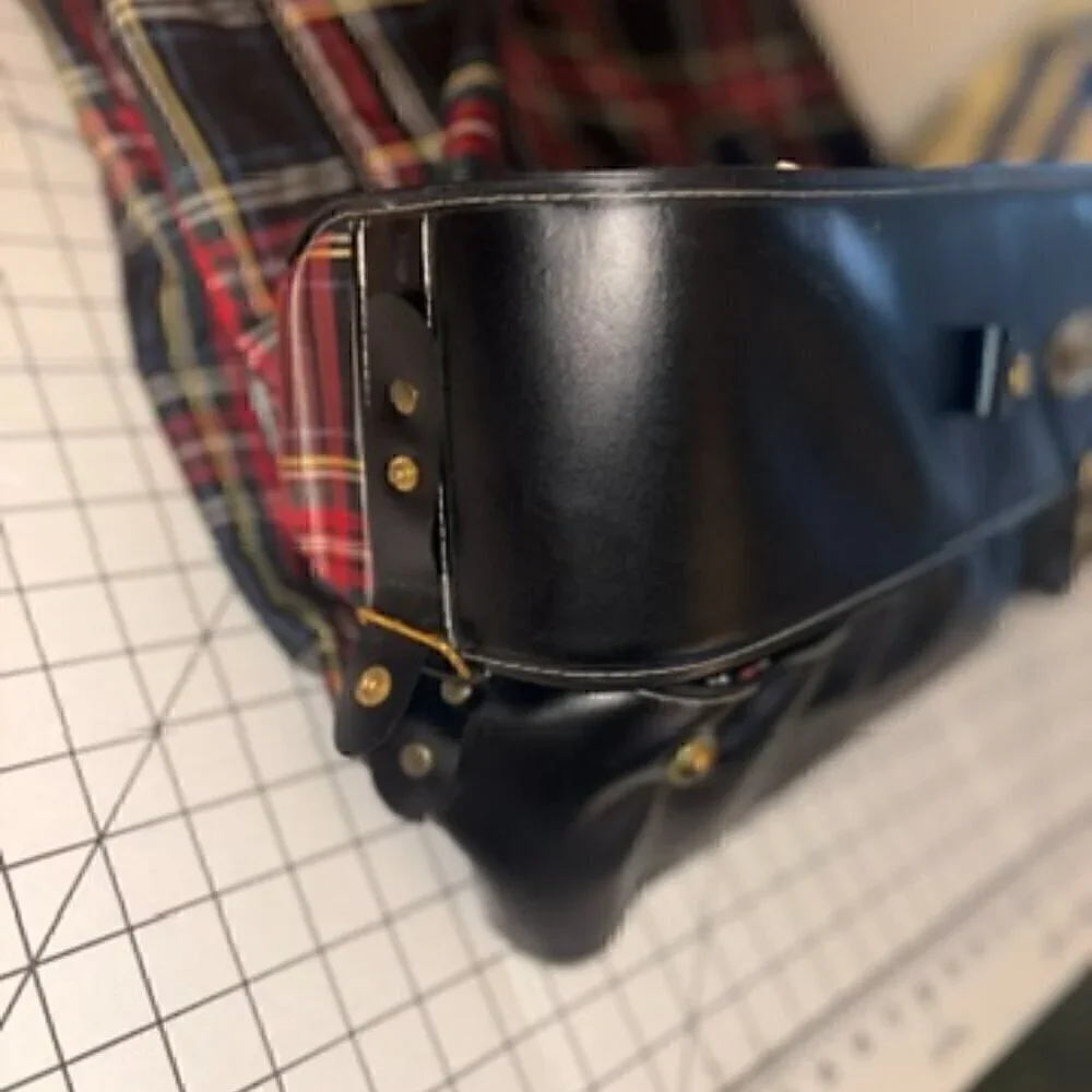 Vintage Tartan Plaid Hanging Suit Garment Bag - Leather Handle Original Hardware